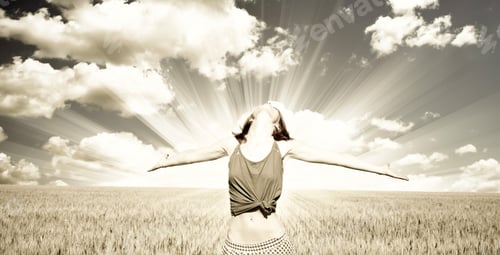 Preview: Girl At Field And Shine. Photo In Old Retro Style.