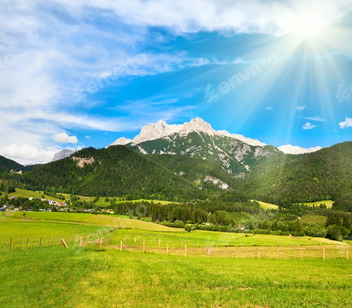 Preview: Alps Mountain Meadow Tranquil Summer View And Sunshine In Sky (Austria, Gosau Village Outskirts)