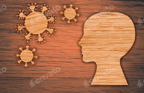 Preview: The Silhouette Of A Human Head, The Virus On A Brown Wooden Background. The Epidemic Of The