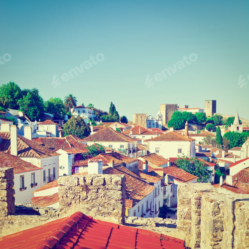 Preview: View To Historic Center City Of Obidos In Portugal, Retro Effect