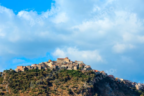 Preview: Calabria Summer View With Beautiful Old Village On Mountain Hill Top Above Tyrrhenian Sea Coast