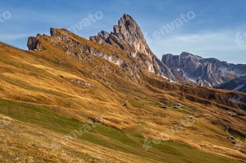 Preview: Picturesque Autumn Alps Mountain Scene, Famous Italian Dolomites Seceda Rock, Sass Rigais