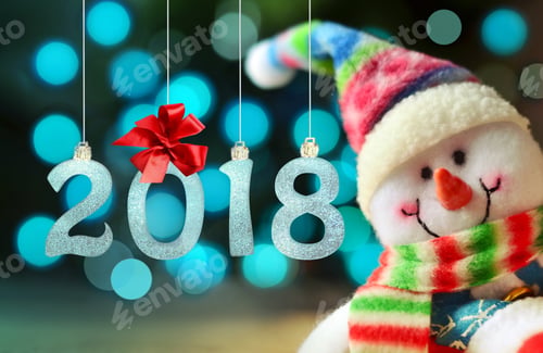Preview: Happy Snowman With Lights In The Background. With The New 2018 Year