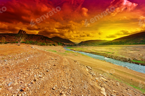 Preview: River On The Bottom Of Canyon In The Cantabrian Mountain, Sunset