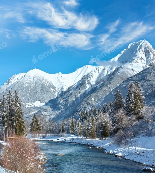 Preview: Winter Country Landscape With Mountains And River, Austria, Tirol, Haselgehr Village
