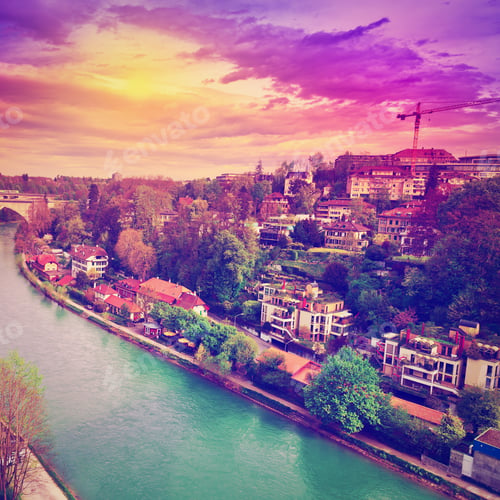 Preview: Bird'S Eye View Of The City Of Berne And River Aare, Sunset, Instagram Effect