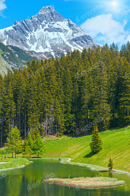 Preview: Summer Mountain View To Biberkopf Mount And Small Lake (Warth, Vorarlberg, Austria).