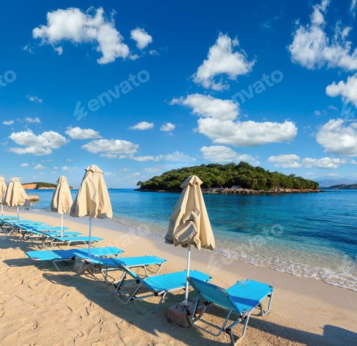 Preview: Summer Morning Sandy Ksamil Beach With Sunbeds And Sunshades (Albania). Two Shots Stitch High