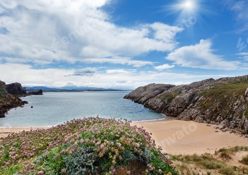 Preview: Sandy Beach (Spain). Atlantic Ocean Coastline And Sunshine Between Clouds