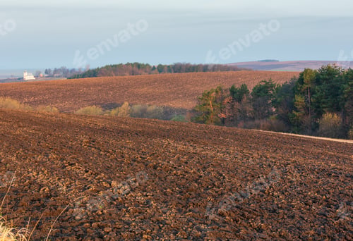 Preview: Spring Morning Rural Country Landscape With Plowed Agricultural Fields On Hills, Trees And Groves