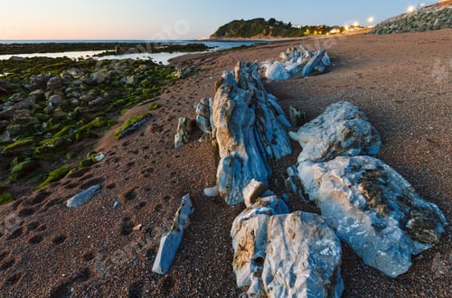 Preview: Evening Ocean Coast View From Beach With Big Stones (Near Saint-Jean-De-Luz, France, Bay Of Biscay).