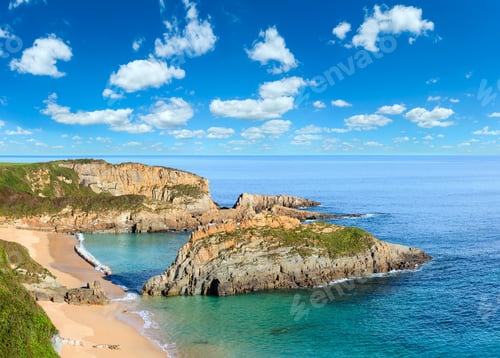 Preview: Morning Sandy Mexota Beach (Asturias, Spain). Spring Atlantic Ocean Coastline Panorama. Deep Blue