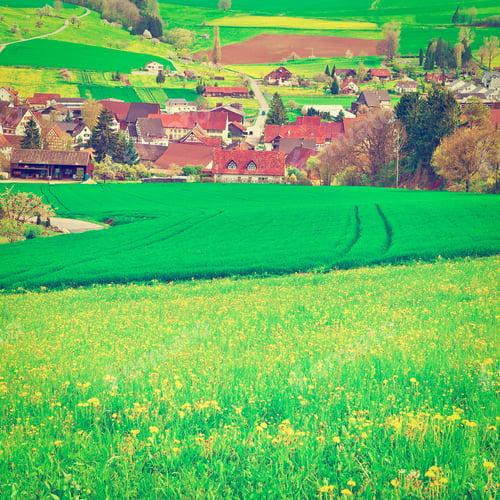 Preview: Small City High Up In The Swiss Alps Surrounded By Pastures, Retro Effect