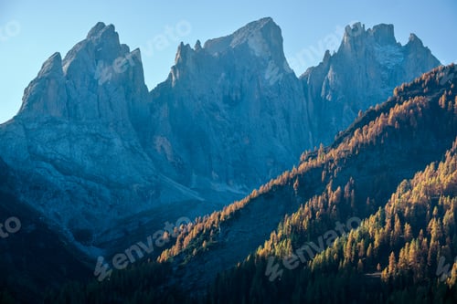 Preview: Autumn Alpine Dolomites Scene, Belluno, Sudtirol, Italy. Peaceful Rocky Mountain Tops View.