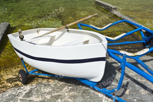 Preview: Boat On The Trolley For Launching On The Water. The Inland Sea Is A Lagoon Of Seawater On The