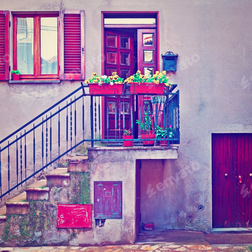 Preview: Porch Decorated With Flowers Of The Old Buildings In Italian City Of Doglio, Instagram Effect