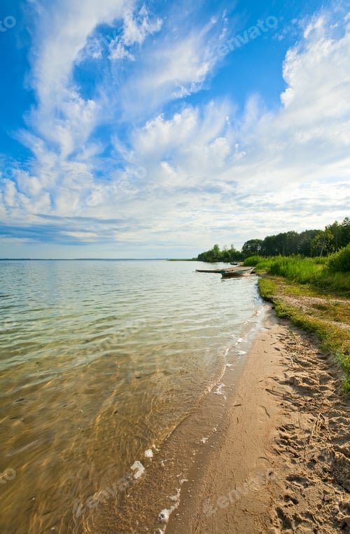 Preview: Old Wooden Fishing Boat Near The Lake Shore And Summer Sky Behind (Svityaz, Ukraine)
