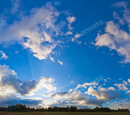 Preview: Evening Blue Sky Panorama With Clouds Over Plain And Camp On Forest Four Shots Stitch Image.