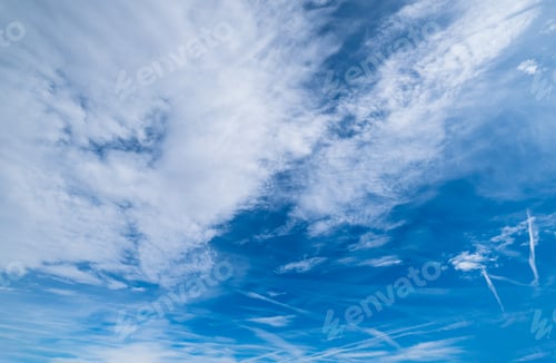 Preview: White Fluffy Cirrocumulus And Cirrus Clouds In Deep Blue Azure Sky And Sunlight. Summer Good