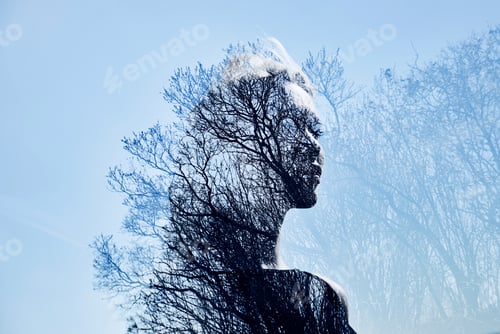 Preview: Portrait Of A Girl With Double Exposure Against A Tree Crown. Delicate Mysterious Portrait Of A