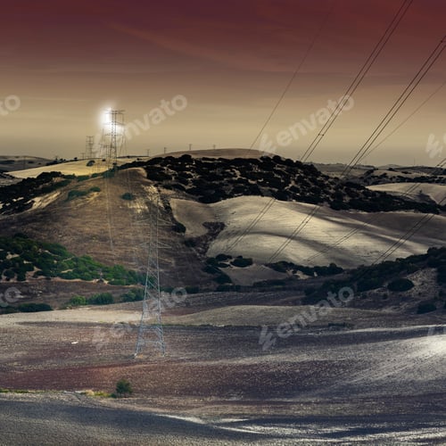 Preview: Olive Grove And Fields In Spain After Harvesting In The Light Of The Moon. Electrical Power Lines