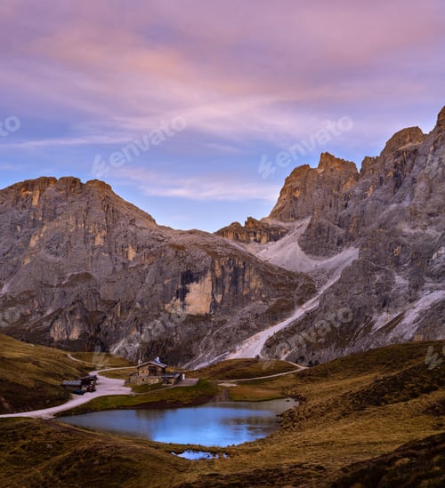 Preview: Evening Twilight Autumn Alpine Dolomites Mountain Scene, Trento, Italy. Lake Or Laghetto Baita