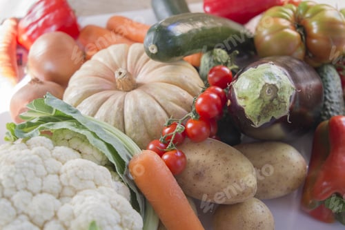 Preview: Still Life Of Fresh Vegetables, Cabbage, Eggplant, Pumpkins, Tomatoes, Potatoes And Peppers