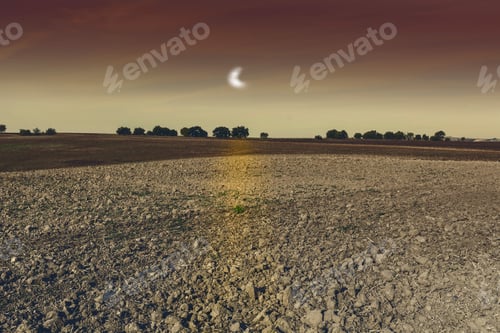 Preview: Fields In Spain After Harvesting In The Light Of The Moon. Breathtaking Landscape And Nature Of The