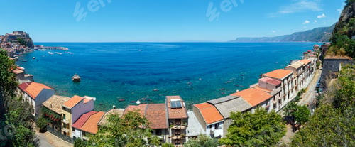 Preview: Summer Tyrrhenian Sea Coast And Beautiful Scilla Town View, Calabria, Italy. Three Shots Stitch