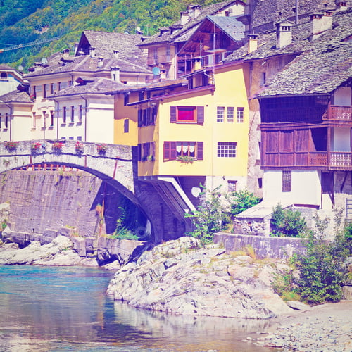 Preview: View Of The Medieval City Of Rassa In Italian Alps, Retro Effect
