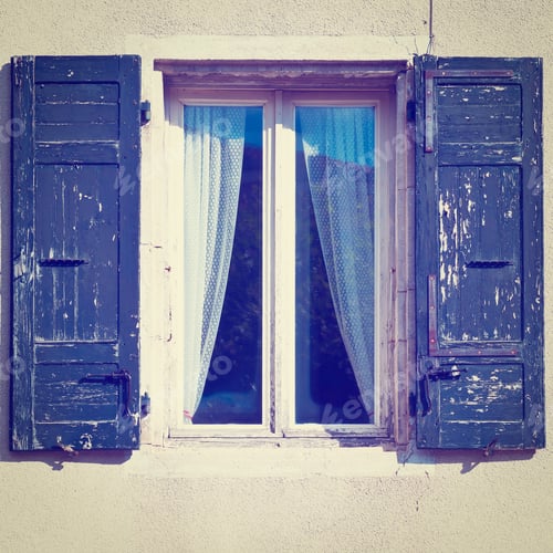 Preview: French Window With Open Wooden Shutter, Retro Effect
