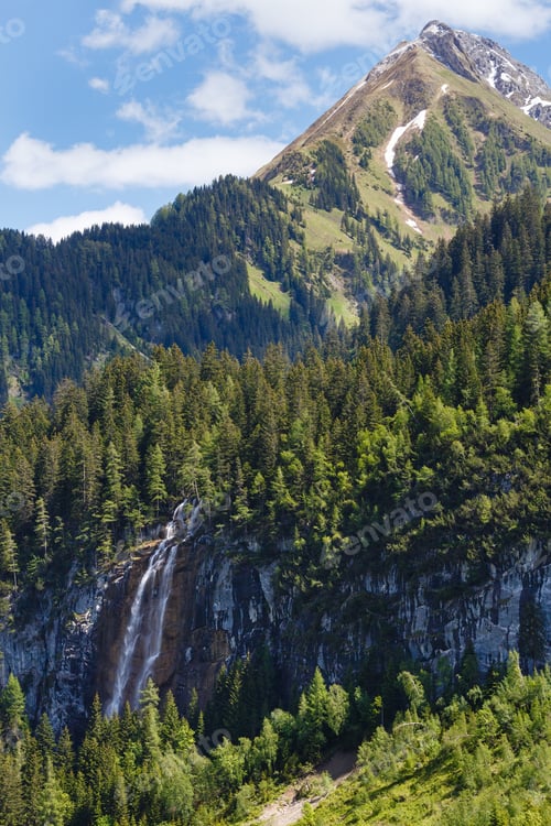 Preview: Summer Alps Mountain View With Waterfall (Vorarlberg, Austria).