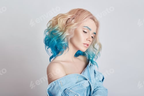 Preview: Portrait Woman With Bright Colored Flying Hair, All Shades Purple Blue. Hair Coloring, Beautiful