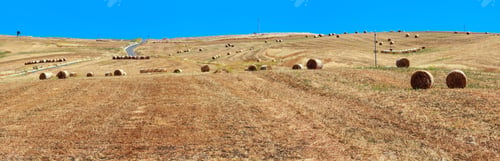 Preview: Beautiful Landscape Of Sicily Summer Countryside In Italy. Wheat Field With Haystacks. Three Shots
