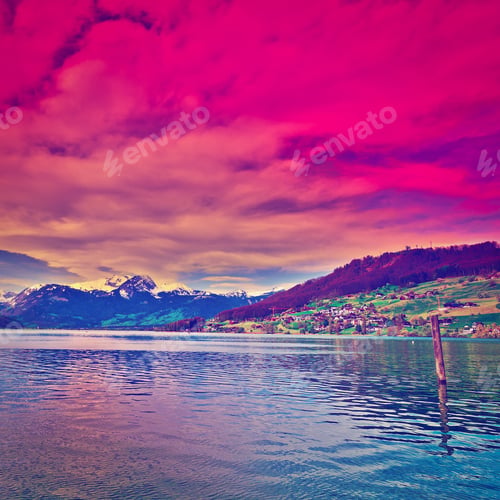Preview: Lake Sarner On The Background Of Snow-Capped Alps In Switzerland At Sunset, Instagram Effect