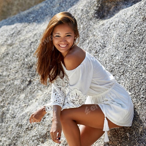 Preview: Outdoor Portrait Of Lovely Young Woman In White Dress