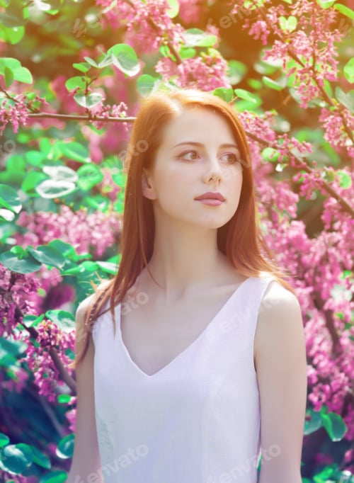 Preview: Young Redhead Girl In White Dress Standing Near A Tree And Bushes In The Park. Springtime Season
