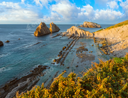 Preview: Blossoming Arnia Beach (Spain) Atlantic Ocean Evening Coastline Landscape.