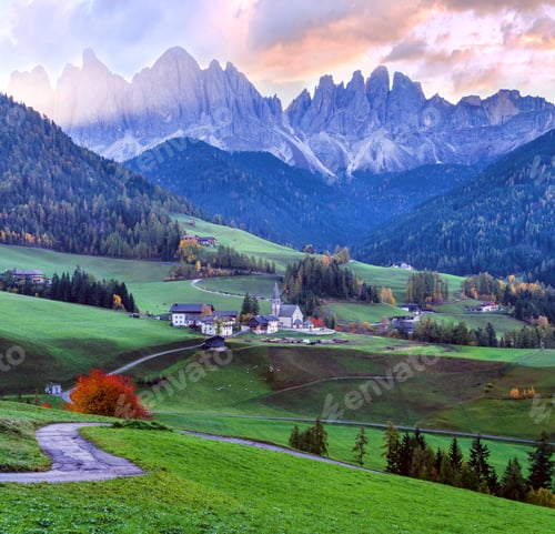 Preview: Autumn Daybreak Santa Magdalena Famous Italy Dolomites Village View In Front Of The Geisler Or Odle