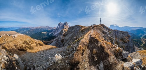 Preview: Picturesque Autumn Alps Mountain Scene, Famous Italian Dolomites Seceda Majestic Rock, Sass Rigais