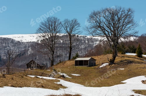 Preview: Early Spring Carpathian Mountains Plateau Landscape With Snow-Covered Ridge Tops In Far, Ukraine.