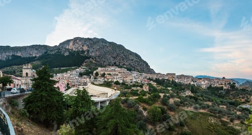 Preview: Evening Twilight Old Medieval Stilo Famos Calabria Village View, Southern Italy.