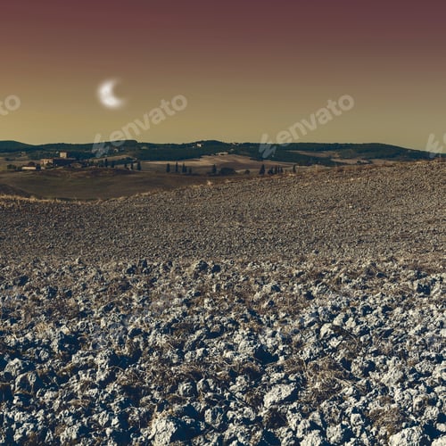 Preview: Fields In Spain After Harvesting In The Light Of The Moon. Breathtaking Landscape And Nature Of The