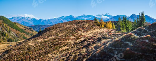 Preview: Sunny Idyllic Autumn Alpine Scene. Peaceful Alps Mountain View From Hiking Path From Dorfgastein To