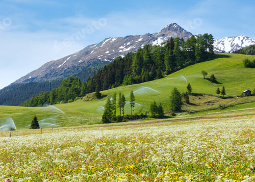 Preview: Irrigation Water Spouts In Summer Alps Mountain (Italy)