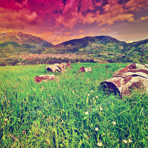 Preview: Medieval Italian Town Surrounded By Fields And Firewood At Sunset, Instagram Effect