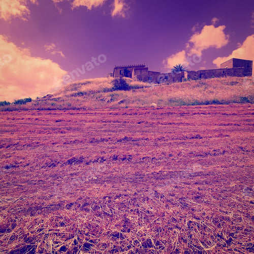 Preview: Mown Field On The Hill In Sicily At Sunset, Retro Effect