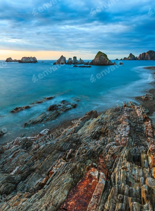 Preview: Evening Atlantic Ocean Coastline Landscape. Beautiful Gueirua Beach With Sharp Islets. Asturias