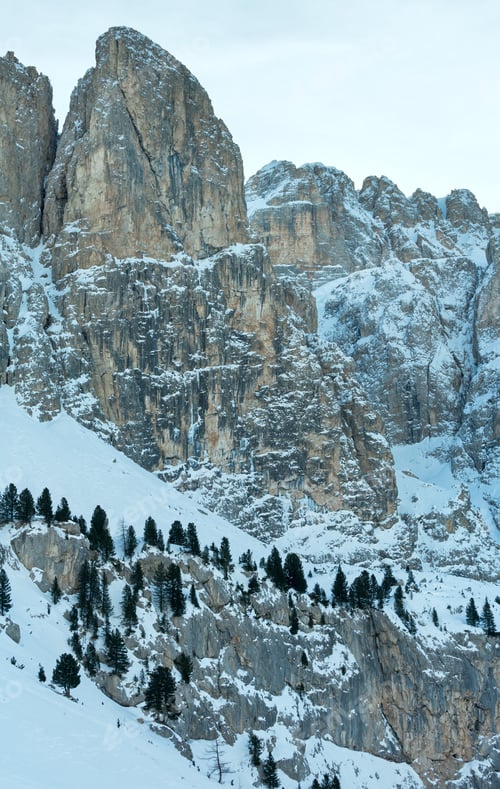 Preview: Morning Winter Rocky Mountain Landscape. Gardena Pass In Dolomites Of South Tyrol In Northeast