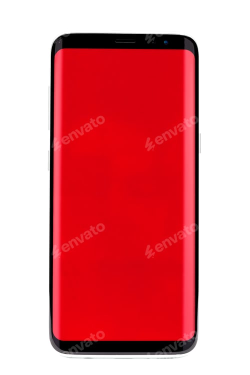 Preview: Black Smartphone With Blank Red Screen And Rounded Edges Front View, Glass Mobile Phone Front View
